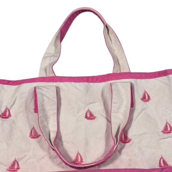 Pink Sailboat Canvas Preppy Beach Resort Cruise Vacation Tote Bag 15 x 11 x 3 - Picture 6 of 15
